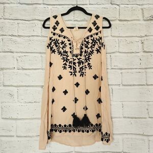 Beaches and Boho Women's Rose  Peach Black Floral Sleeveless Shirt Dress M Rayon